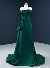 Affordable A-Line Dark Green Satin Strapless Pleats Beading Prom Dress